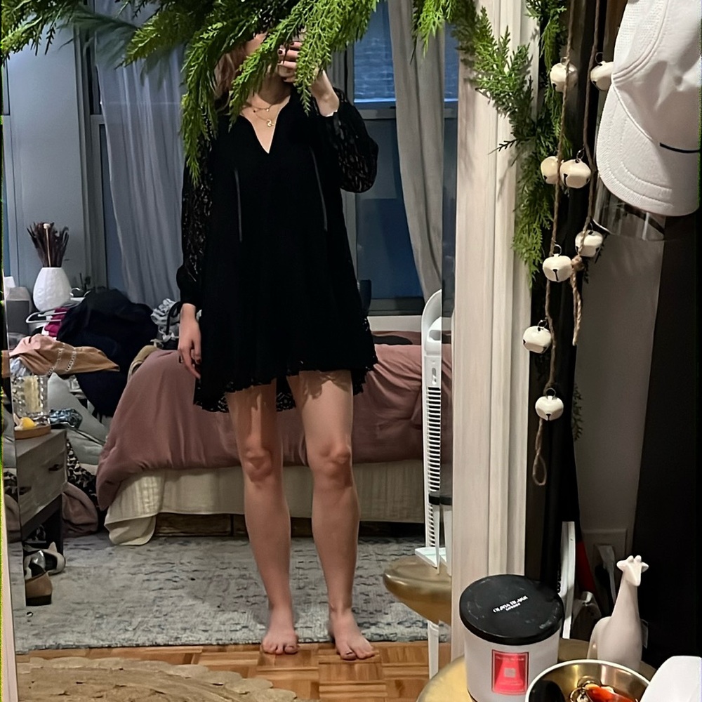 Free people long-sleeve black velour-lace tunic mini dress